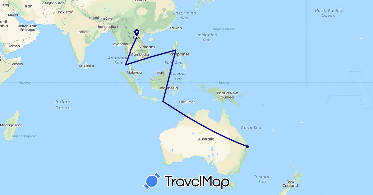 TravelMap itinerary: driving in Australia, Indonesia, Laos, Philippines, Thailand (Asia, Oceania)